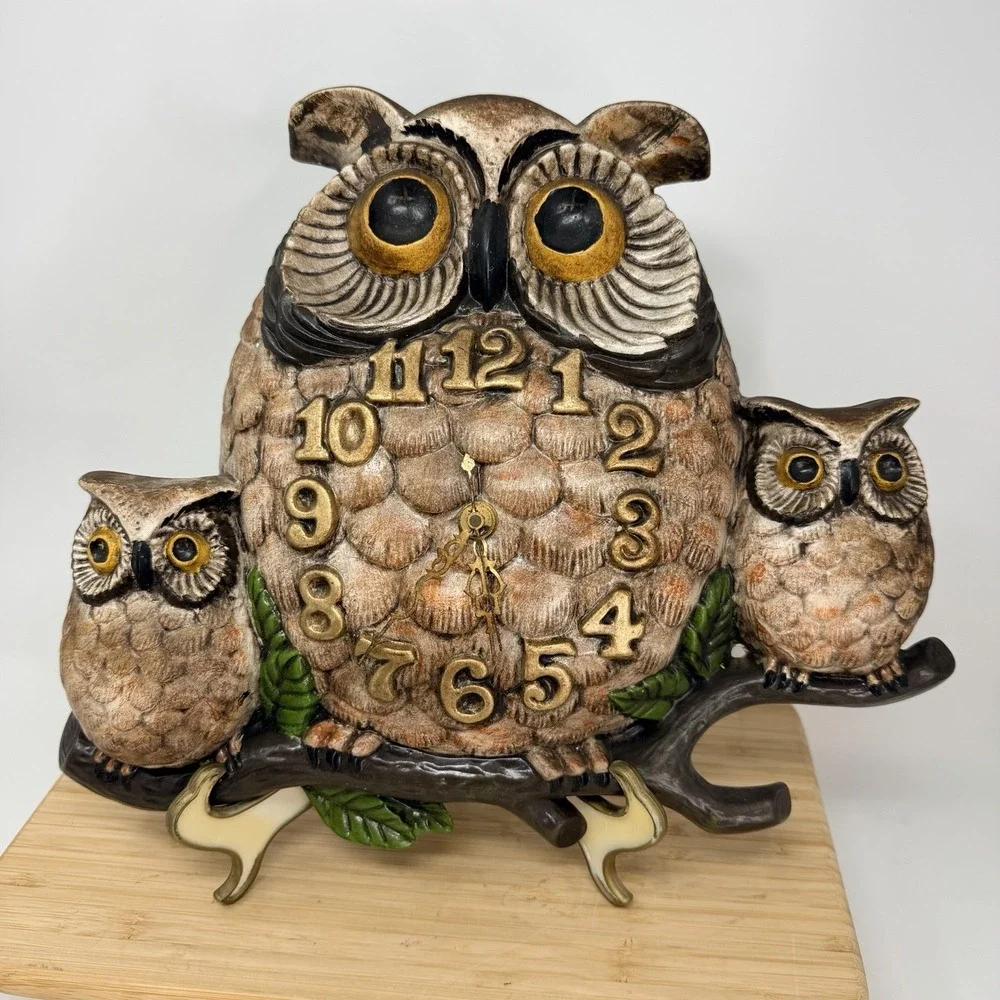 Vintage Owl Family On Branch Wall Clock Retro MCM 70's Arnel's Boho 3D Decor
